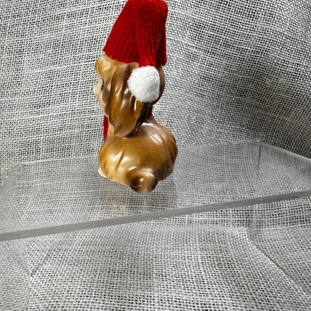Christmas Dog Figurine Ceramic Santa Hat Red‎ Bow Japan Mid Century Kitsch Vtg